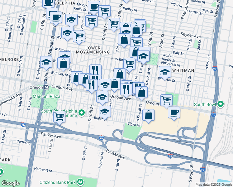 map of restaurants, bars, coffee shops, grocery stores, and more near 2648 S 8th St in Philadelphia