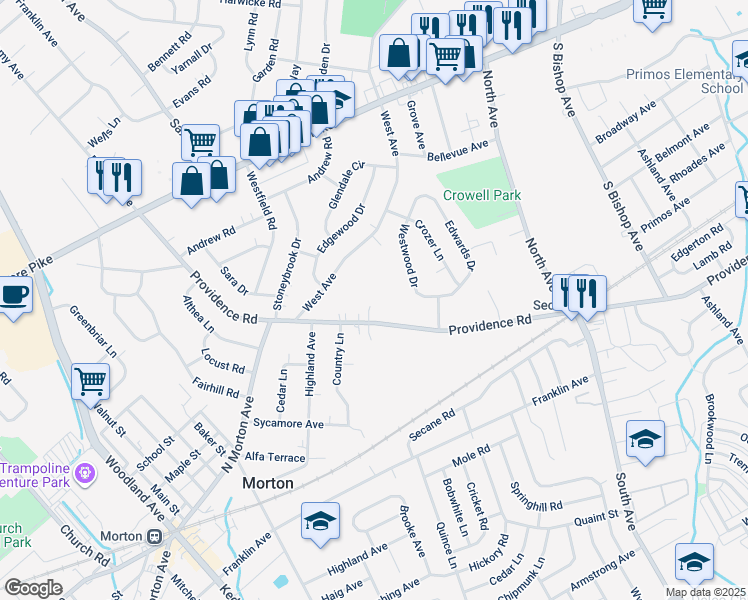 map of restaurants, bars, coffee shops, grocery stores, and more near 1165 Providence Rd in Springfield
