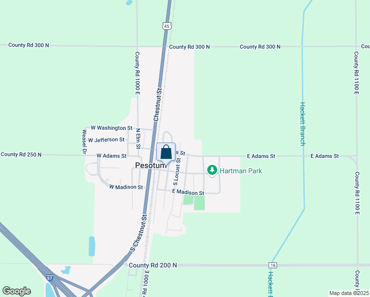 map of restaurants, bars, coffee shops, grocery stores, and more near 200 East Adams Street in Pesotum