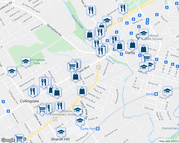 map of restaurants, bars, coffee shops, grocery stores, and more near Hillside Avenue in Collingdale