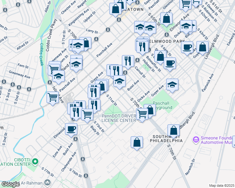 map of restaurants, bars, coffee shops, grocery stores, and more near 2552 Holbrook Street in Philadelphia