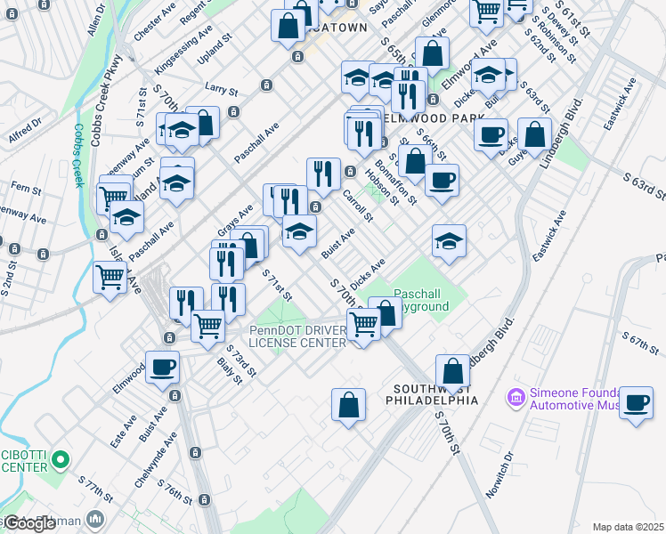 map of restaurants, bars, coffee shops, grocery stores, and more near 2618 Sylmar Street in Philadelphia
