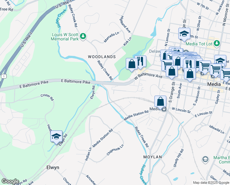 map of restaurants, bars, coffee shops, grocery stores, and more near 5 Hilltop Road in Media