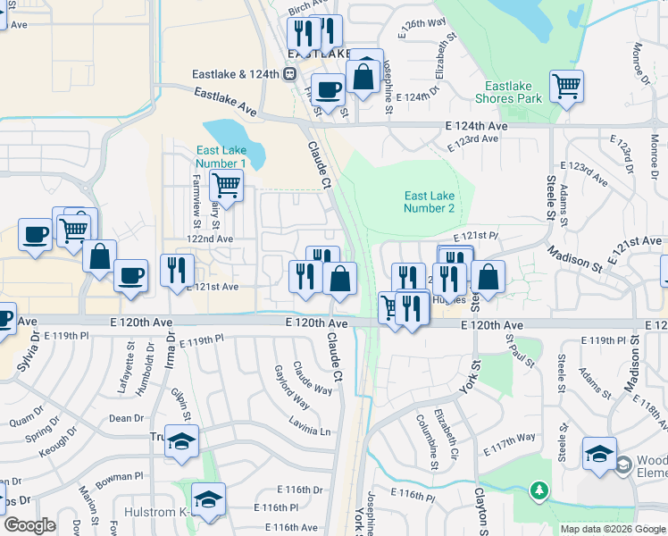 map of restaurants, bars, coffee shops, grocery stores, and more near 12255 Claude Court in Northglenn