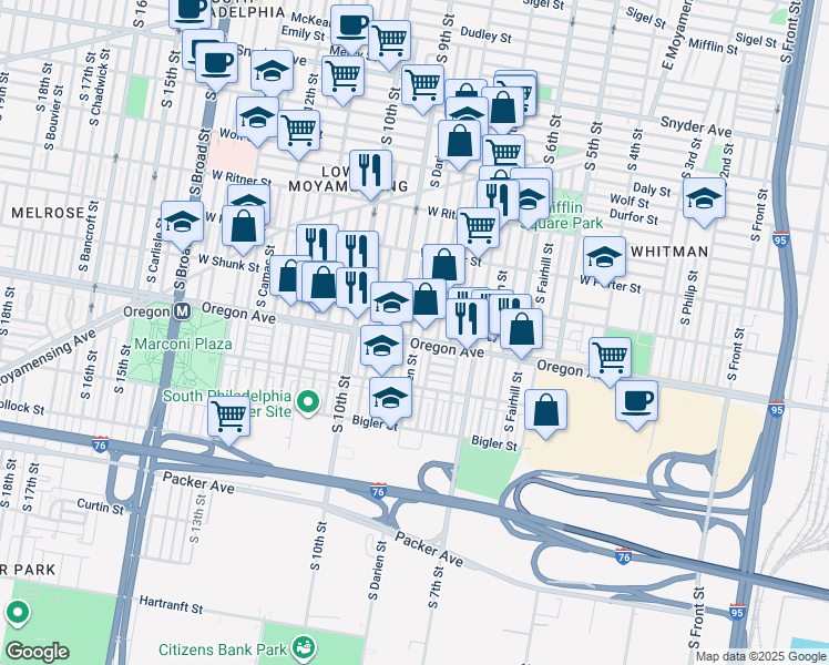 map of restaurants, bars, coffee shops, grocery stores, and more near 2617 South Darien Street in Philadelphia