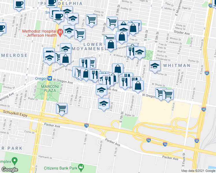 map of restaurants, bars, coffee shops, grocery stores, and more near 2617 South Darien Street in Philadelphia