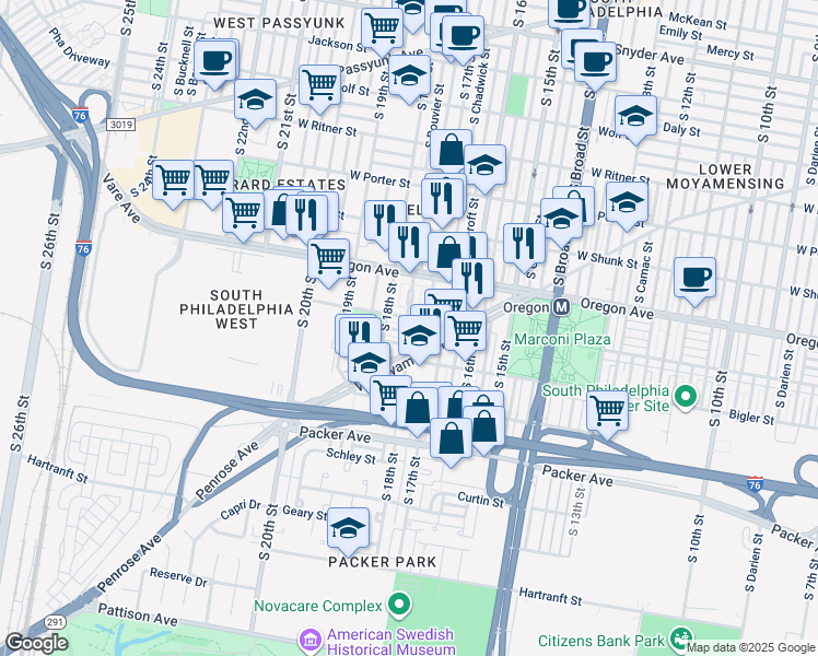 map of restaurants, bars, coffee shops, grocery stores, and more near 1729 Stocker St in Philadelphia