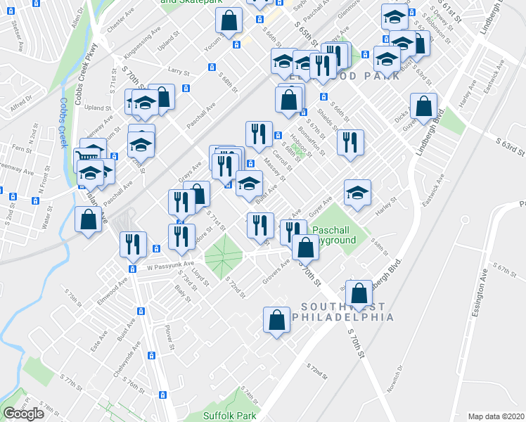 map of restaurants, bars, coffee shops, grocery stores, and more near 6933 Buist Avenue in Philadelphia