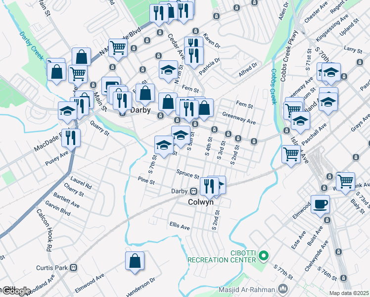 map of restaurants, bars, coffee shops, grocery stores, and more near 28 South 5th Street in Darby