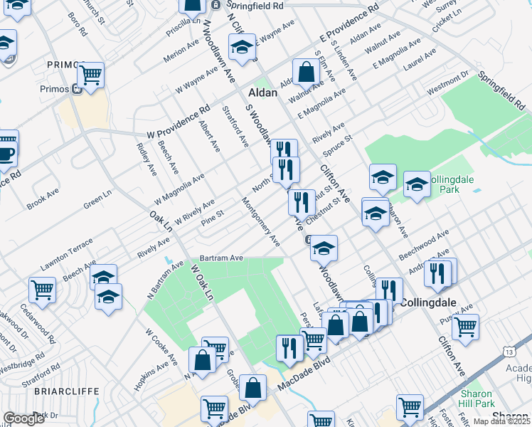 map of restaurants, bars, coffee shops, grocery stores, and more near 1012 Spruce Street in Collingdale