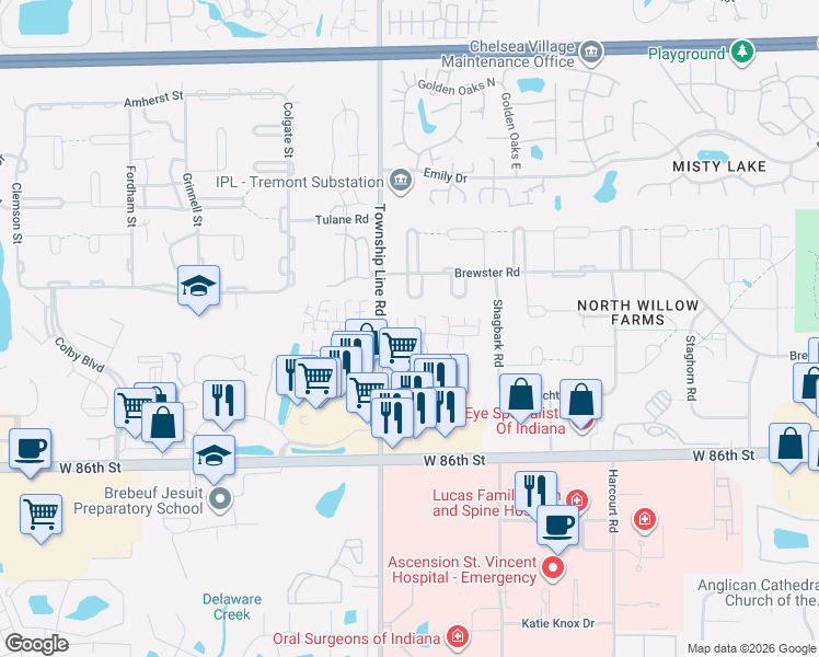 map of restaurants, bars, coffee shops, grocery stores, and more near 8922 Butternut Court in Indianapolis