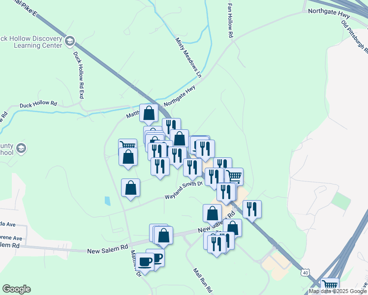 map of restaurants, bars, coffee shops, grocery stores, and more near 3 Superior Way in Uniontown