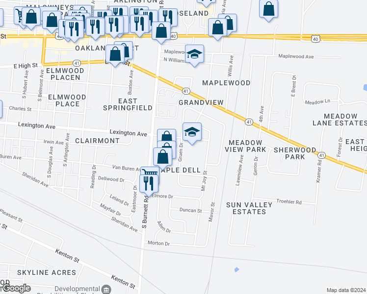 map of restaurants, bars, coffee shops, grocery stores, and more near 418 Gruen Drive in Springfield
