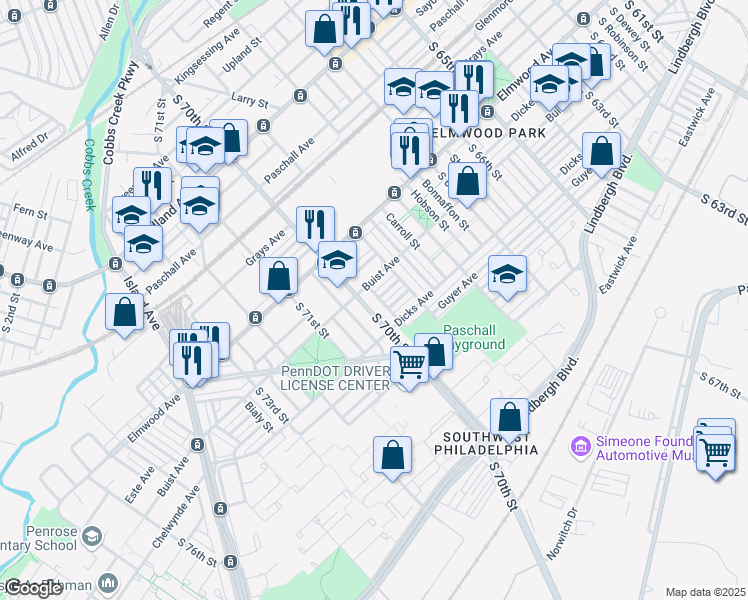 map of restaurants, bars, coffee shops, grocery stores, and more near 2616 Sylmar Street in Philadelphia