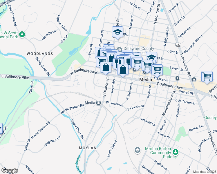 map of restaurants, bars, coffee shops, grocery stores, and more near 275 West Jefferson Street in Media