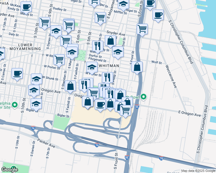 map of restaurants, bars, coffee shops, grocery stores, and more near 2552 South American Street in Philadelphia