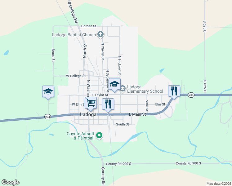map of restaurants, bars, coffee shops, grocery stores, and more near 313 East Nebraska Street in Ladoga