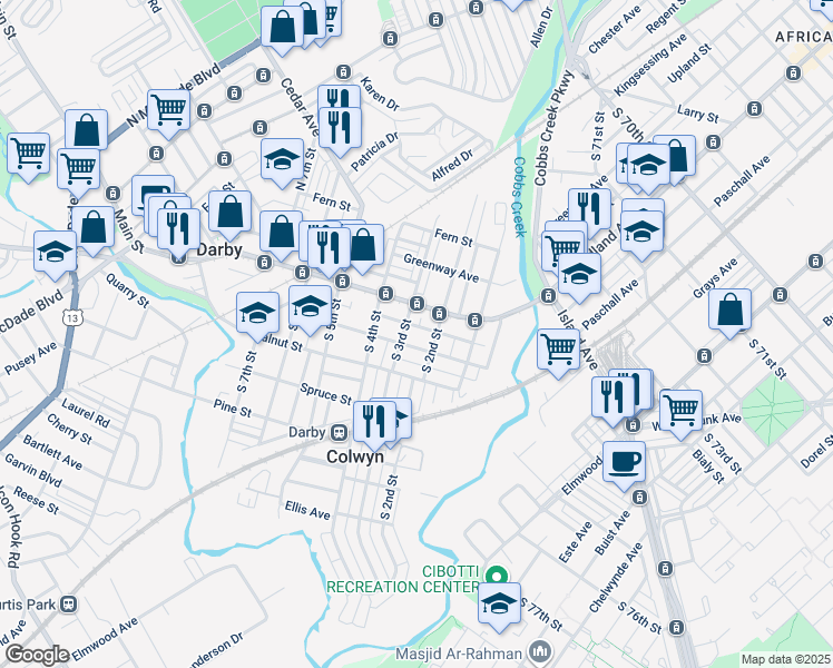 map of restaurants, bars, coffee shops, grocery stores, and more near 212 Francis Street in Darby