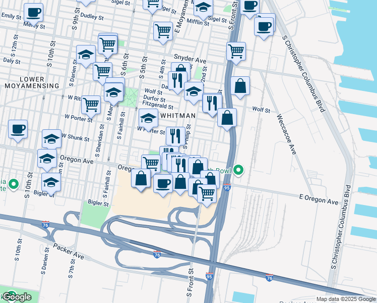 map of restaurants, bars, coffee shops, grocery stores, and more near 2542 South 2nd Street in Philadelphia