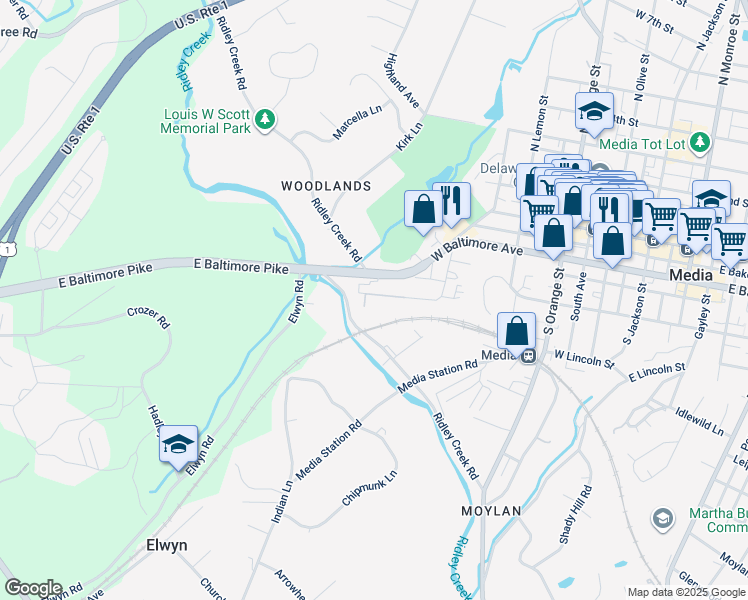 map of restaurants, bars, coffee shops, grocery stores, and more near 5 Hilltop Road in Media
