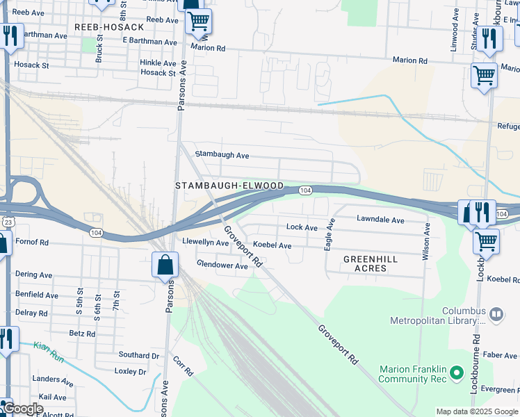 map of restaurants, bars, coffee shops, grocery stores, and more near 9949 James L Wagner Memorial Highway in Columbus