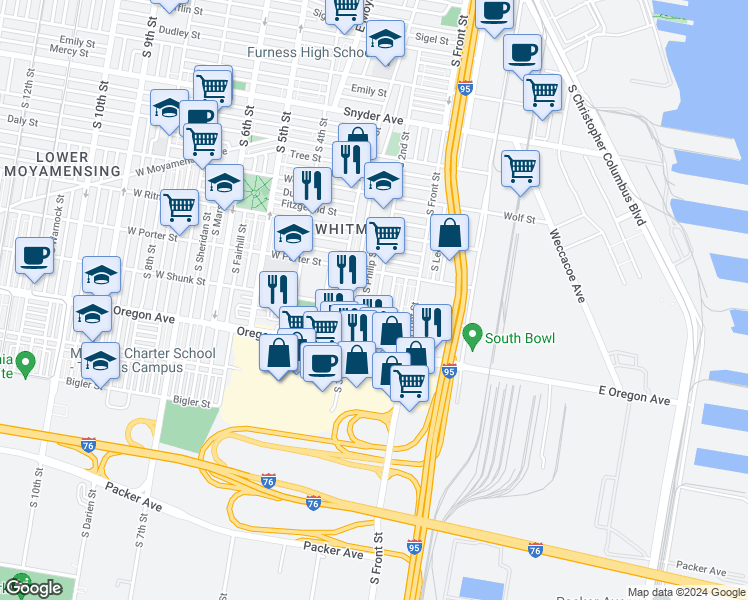 map of restaurants, bars, coffee shops, grocery stores, and more near 2542 South 2nd Street in Philadelphia