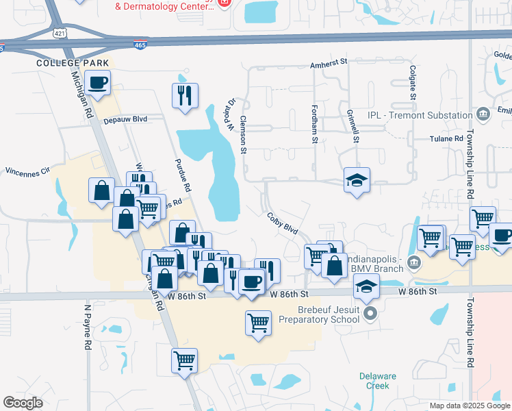 map of restaurants, bars, coffee shops, grocery stores, and more near 8810 Colby Boulevard in Indianapolis