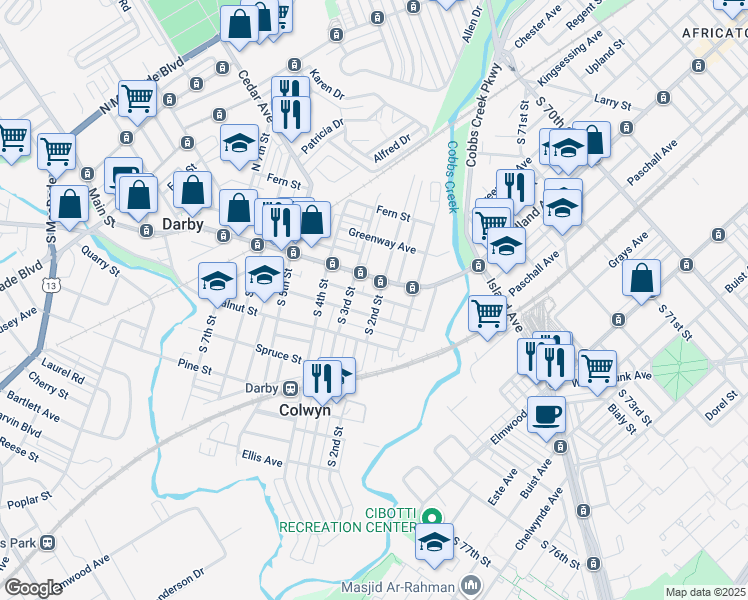 map of restaurants, bars, coffee shops, grocery stores, and more near 30 South 2nd Street in Darby