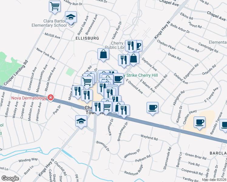 map of restaurants, bars, coffee shops, grocery stores, and more near 1529 Kings Highway North in Cherry Hill