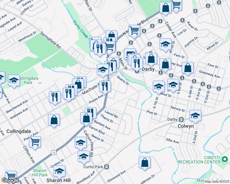 map of restaurants, bars, coffee shops, grocery stores, and more near 1102 Lawrence Avenue in Darby