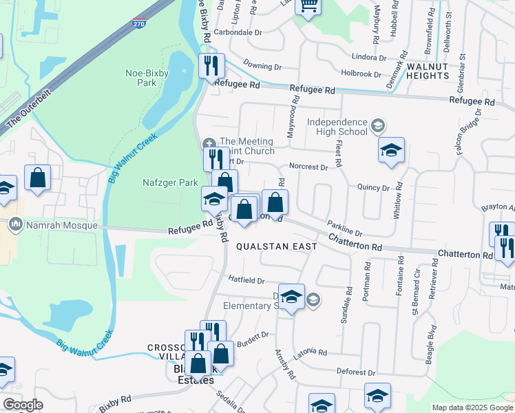 map of restaurants, bars, coffee shops, grocery stores, and more near 5020 Chatterton Road in Columbus