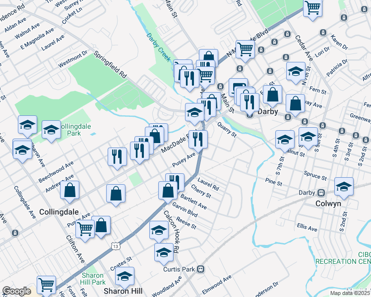 map of restaurants, bars, coffee shops, grocery stores, and more near 117 Hillside Avenue in Collingdale