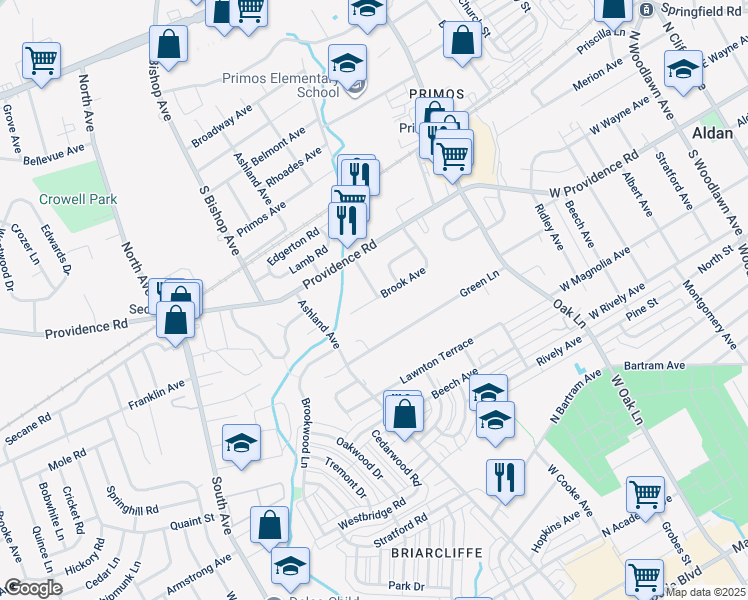 map of restaurants, bars, coffee shops, grocery stores, and more near 1012 Brook Avenue in Clifton Heights