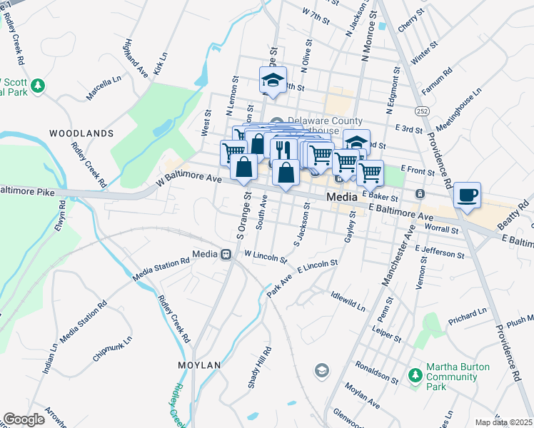 map of restaurants, bars, coffee shops, grocery stores, and more near 300 South Olive Street in Media