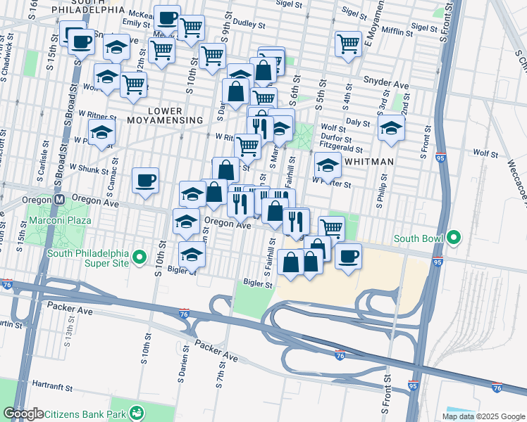map of restaurants, bars, coffee shops, grocery stores, and more near 2624 South Marshall Street in Philadelphia