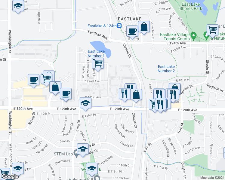map of restaurants, bars, coffee shops, grocery stores, and more near 12150 Race Street in Northglenn