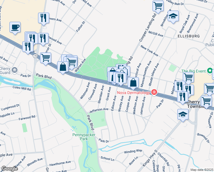 map of restaurants, bars, coffee shops, grocery stores, and more near 8 Cooper Landing Road in Cherry Hill