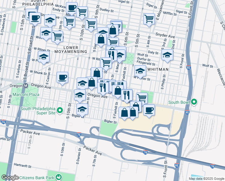 map of restaurants, bars, coffee shops, grocery stores, and more near 2624 South Marshall Street in Philadelphia