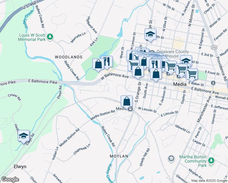 map of restaurants, bars, coffee shops, grocery stores, and more near 227 Brooke Street in Media