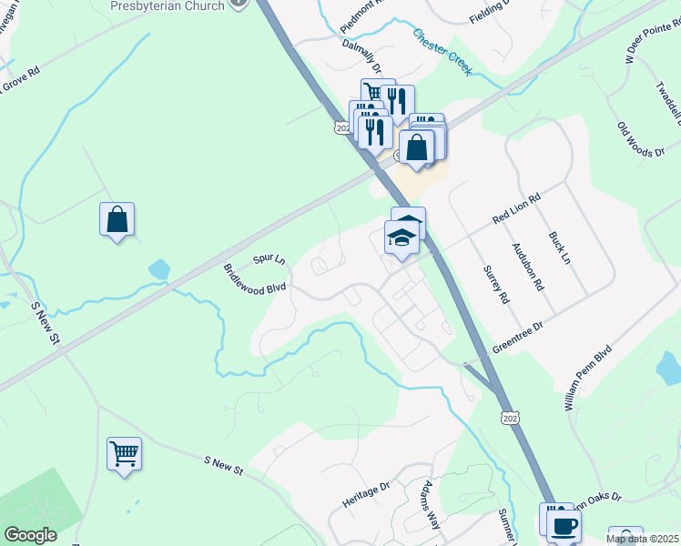 map of restaurants, bars, coffee shops, grocery stores, and more near 223 Caleb Drive in West Chester