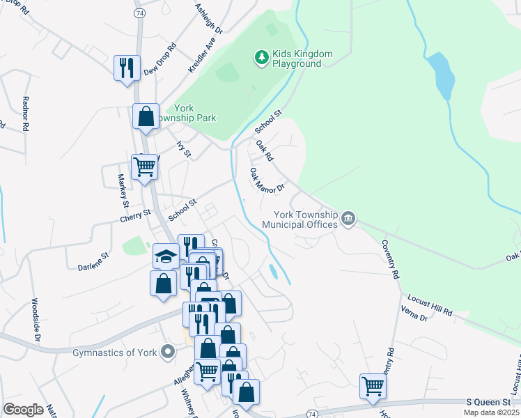 map of restaurants, bars, coffee shops, grocery stores, and more near 116-122 Keymar Drive in York