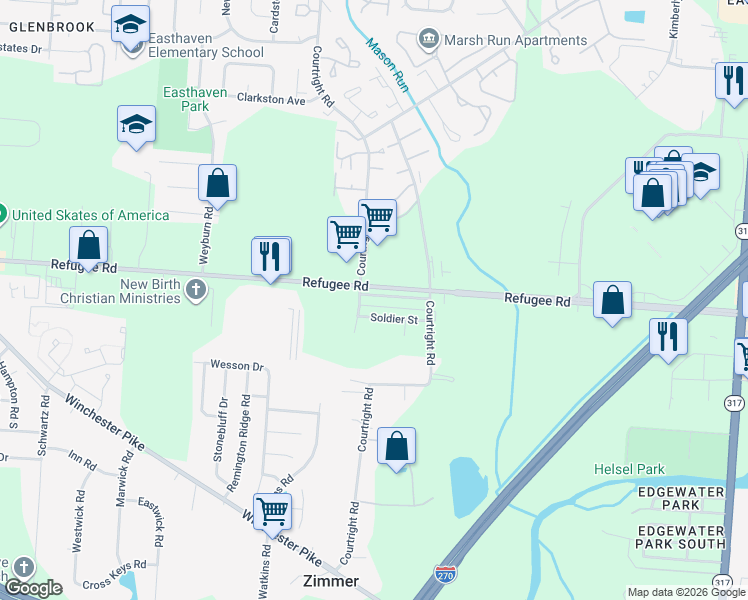 map of restaurants, bars, coffee shops, grocery stores, and more near 3593 Refugee Road in Columbus