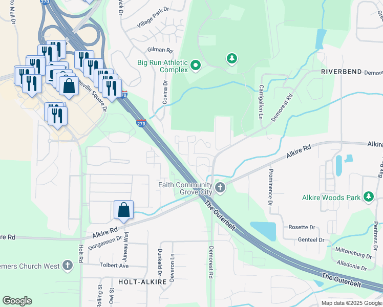 map of restaurants, bars, coffee shops, grocery stores, and more near 1904 Willowmere Bend in Columbus