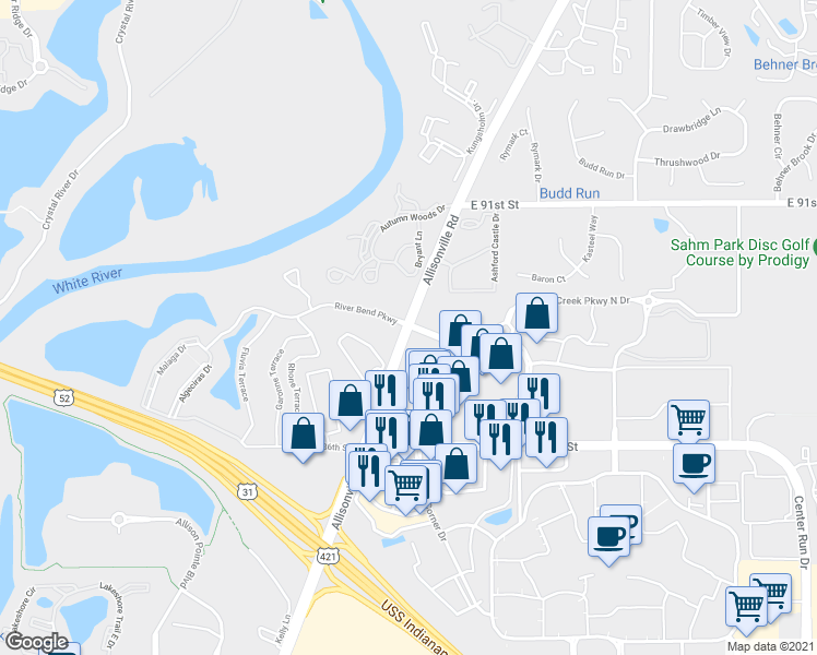 map of restaurants, bars, coffee shops, grocery stores, and more near 8805 Allisonville Road in Indianapolis