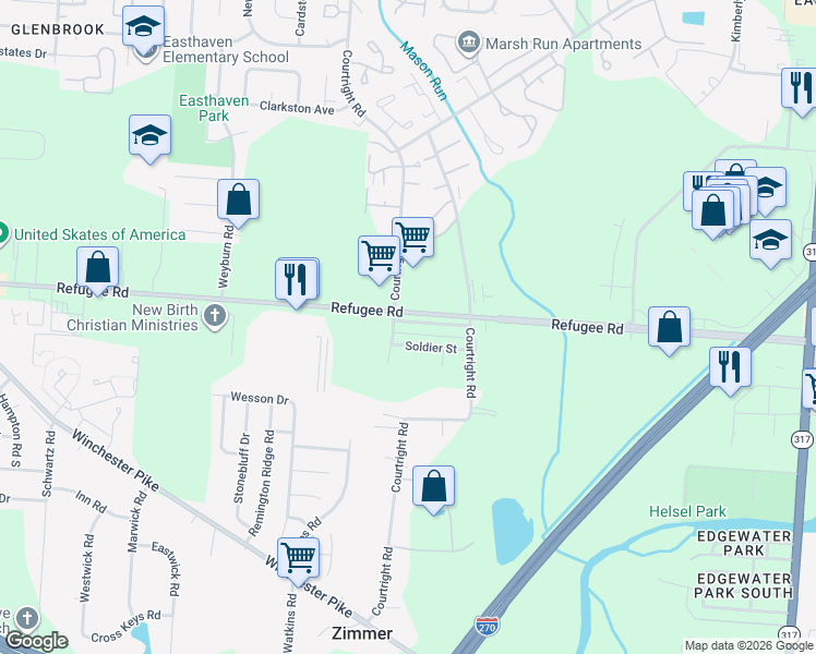 map of restaurants, bars, coffee shops, grocery stores, and more near 3593 Refugee Road in Columbus