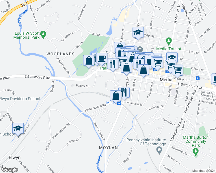 map of restaurants, bars, coffee shops, grocery stores, and more near 424 West Jefferson Street in Media