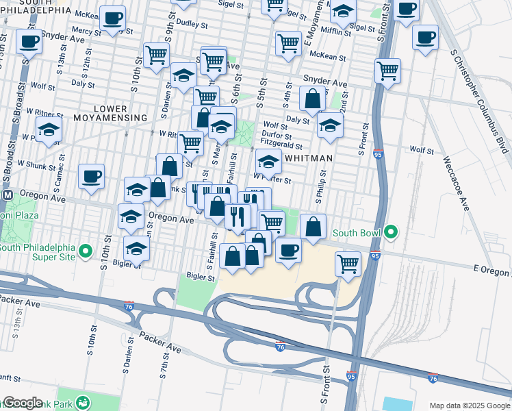 map of restaurants, bars, coffee shops, grocery stores, and more near 427 West Shunk Street in Philadelphia