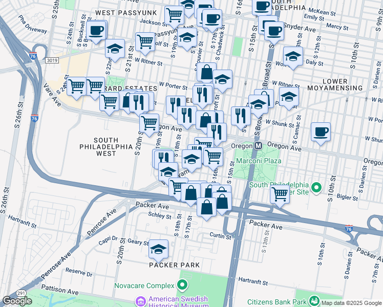 map of restaurants, bars, coffee shops, grocery stores, and more near 1706 Johnston Street in Philadelphia