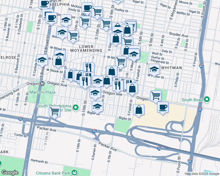 map of restaurants, bars, coffee shops, grocery stores, and more near 2648 S 8th St in Philadelphia