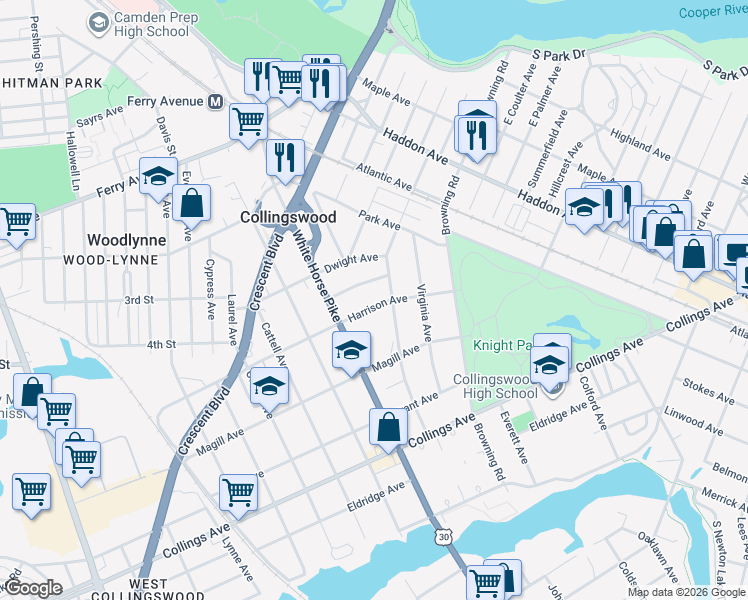 map of restaurants, bars, coffee shops, grocery stores, and more near 516 Jessamine Avenue in Oaklyn